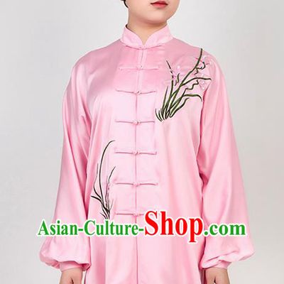 Chinese Traditional Martial Arts Embroidered Orchid Pink Costume Best Kung Fu Competition Tai Chi Training Clothing for Women