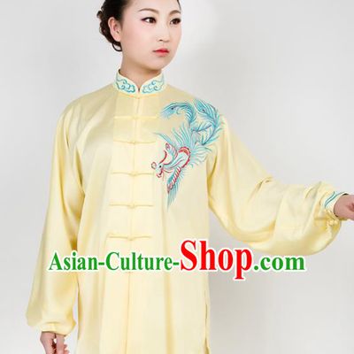 Chinese Traditional Martial Arts Embroidered Phoenix Yellow Costume Best Kung Fu Competition Tai Chi Training Clothing for Women