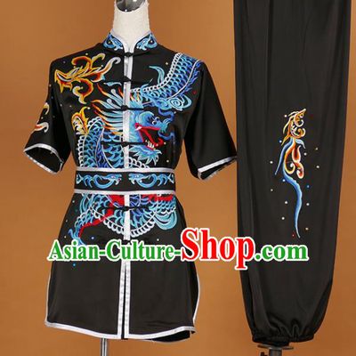 Chinese Traditional Martial Arts Competition Embroidered Dragon Black Costume Kung Fu Tai Chi Training Clothing for Men