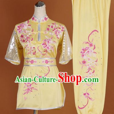 Chinese Traditional Best Martial Arts Embroidered Peony Yellow Costume Kung Fu Competition Tai Chi Clothing for Women