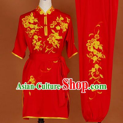 Chinese Traditional Best Martial Arts Embroidered Peony Red Costume Kung Fu Competition Tai Chi Clothing for Women