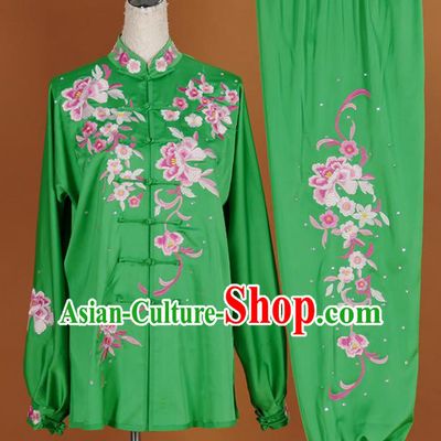 Chinese Traditional Best Martial Arts Embroidered Peony Green Costume Kung Fu Competition Tai Chi Clothing for Women