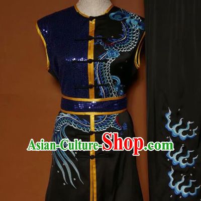 Best Martial Arts Competition Embroidered Dragon Black Costume Chinese Traditional Kung Fu Tai Chi Training Clothing for Men