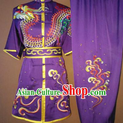 Best Martial Arts Competition Embroidered Dragon Purple Costume Chinese Traditional Kung Fu Tai Chi Training Clothing for Men