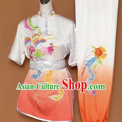 Chinese Traditional Best Martial Arts Embroidered Phoenix Peony Orange Costume Kung Fu Competition Tai Chi Clothing for Women