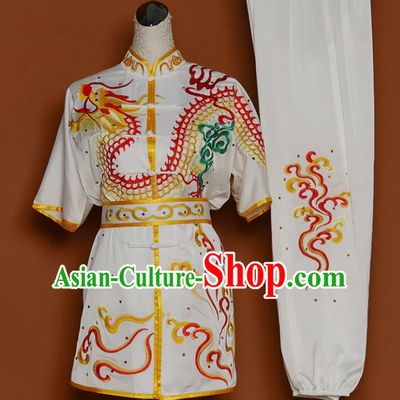 Best Martial Arts Competition Embroidered Dragon White Costume Chinese Traditional Kung Fu Tai Chi Training Clothing for Men