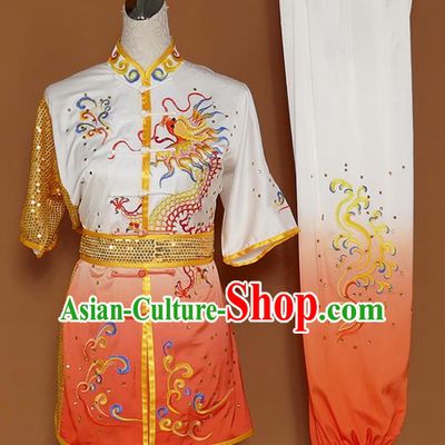 Best Martial Arts Competition Embroidered Dragon Orange Uniforms Chinese Traditional Kung Fu Tai Chi Training Costume for Men