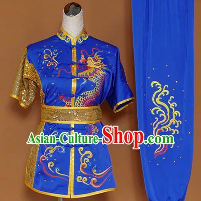 Best Martial Arts Competition Embroidered Dragon Royalblue Uniforms Chinese Traditional Kung Fu Tai Chi Training Costume for Men