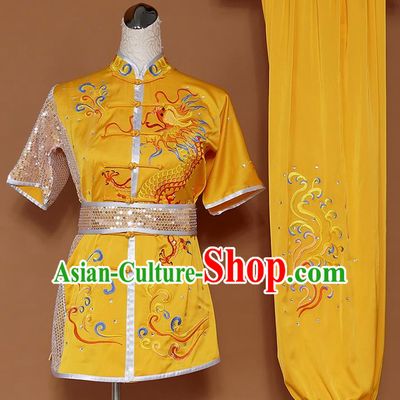 Best Martial Arts Competition Embroidered Dragon Yellow Uniforms Chinese Traditional Kung Fu Tai Chi Training Costume for Men