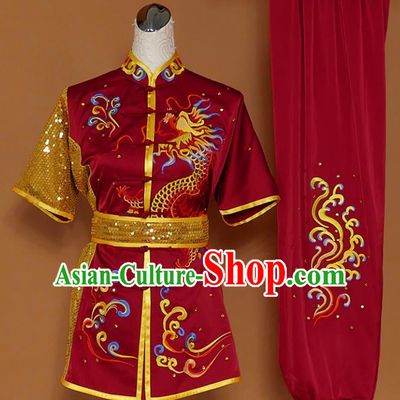 Best Martial Arts Competition Embroidered Dragon Wine Red Uniforms Chinese Traditional Kung Fu Tai Chi Training Costume for Men