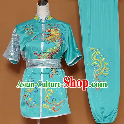 Best Martial Arts Competition Embroidered Dragon Green Uniforms Chinese Traditional Kung Fu Tai Chi Training Costume for Men