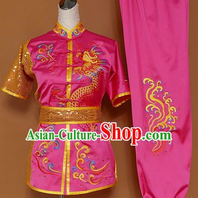Best Martial Arts Competition Embroidered Dragon Rosy Uniforms Chinese Traditional Kung Fu Tai Chi Training Costume for Men