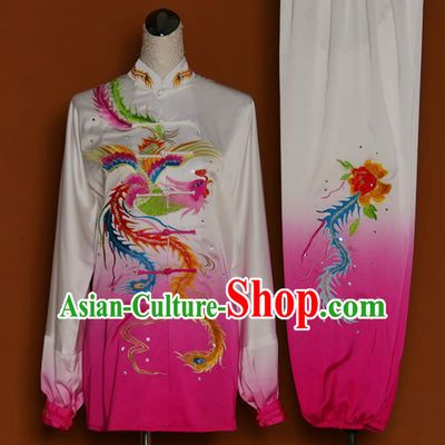 Chinese Traditional Best Martial Arts Embroidered Phoenix Peony Rosy Costume Kung Fu Competition Tai Chi Clothing for Women