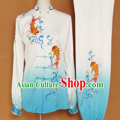 Chinese Traditional Best Martial Arts Embroidered Carp Blue Costume Kung Fu Competition Tai Chi Clothing for Women