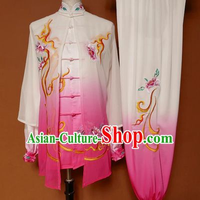 Chinese Traditional Best Martial Arts Embroidered Peony Rosy Costume Kung Fu Competition Tai Chi Clothing for Women