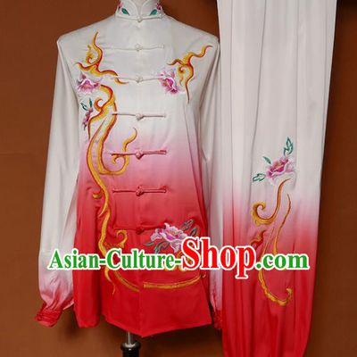 Chinese Traditional Best Martial Arts Embroidered Peony Red Costume Kung Fu Competition Tai Chi Clothing for Women
