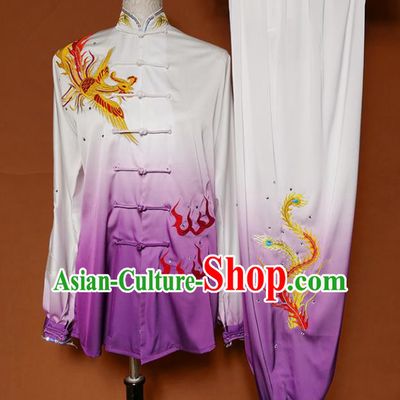 Chinese Traditional Best Martial Arts Embroidered Phoenix Purple Costume Kung Fu Competition Tai Chi Clothing for Women