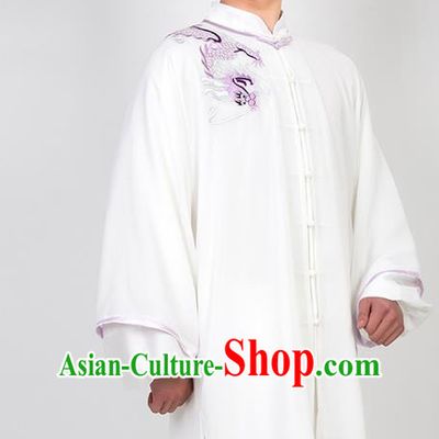 Chinese Traditional Martial Arts Competition Embroidered Dragon White Costume Kung Fu Tai Chi Training Clothing for Men