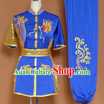 Royalblue Best Martial Arts Competition Embroidered Dragon Uniforms Chinese Traditional Kung Fu Tai Chi Training Costume for Men