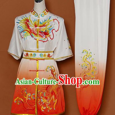 Chinese Martial Arts Competition Embroidered Dragon Orange Uniforms Traditional Kung Fu Tai Chi Training Costume for Men