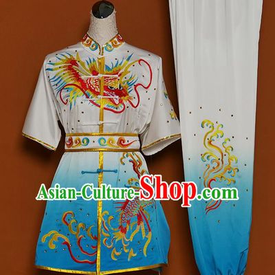 Chinese Martial Arts Competition Embroidered Dragon Blue Uniforms Traditional Kung Fu Tai Chi Training Costume for Men