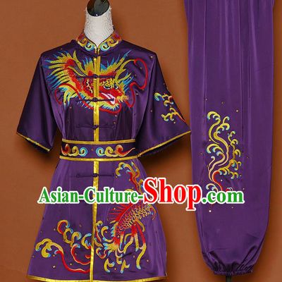 Chinese Martial Arts Competition Embroidered Dragon Purple Uniforms Traditional Kung Fu Tai Chi Training Costume for Men