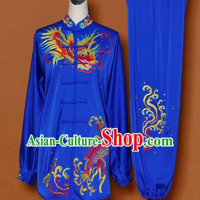 Chinese Martial Arts Competition Embroidered Dragon Royalblue Uniforms Traditional Kung Fu Tai Chi Training Costume for Men