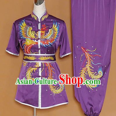 Chinese Professional Martial Arts Embroidered Phoenix Purple Costume Traditional Kung Fu Competition Tai Chi Clothing for Women