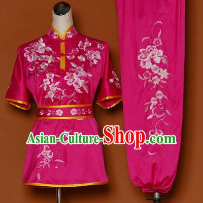 Chinese Professional Martial Arts Embroidered Peony Rosy Costume Traditional Kung Fu Competition Tai Chi Clothing for Women