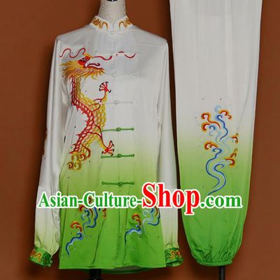 Green Best Martial Arts Competition Embroidered Dragon Uniforms Chinese Traditional Kung Fu Tai Chi Training Costume for Men