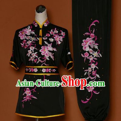 Chinese Professional Martial Arts Embroidered Peony Black Costume Traditional Kung Fu Competition Tai Chi Clothing for Women