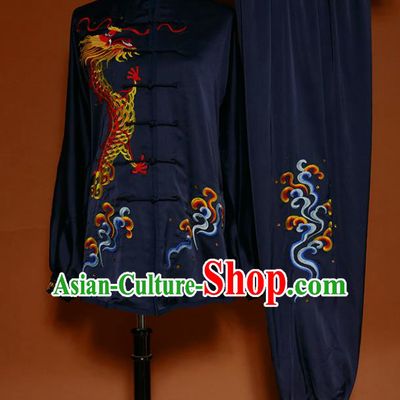 Navy Best Martial Arts Competition Embroidered Dragon Uniforms Chinese Traditional Kung Fu Tai Chi Training Costume for Men