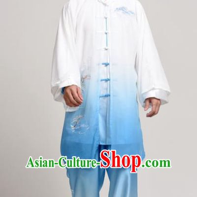 Chinese Martial Arts Competition Embroidered Landscape Blue Uniforms Traditional Kung Fu Tai Chi Training Costume for Men
