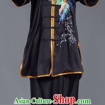 Chinese Martial Arts Competition Embroidered Phoenix Black Uniforms Traditional Kung Fu Tai Chi Training Costume for Men