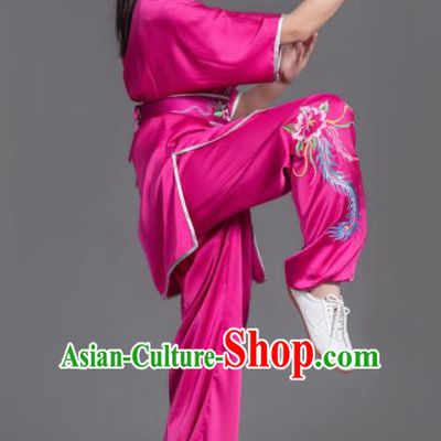 Chinese Martial Arts Competition Embroidered Phoenix Rosy Uniforms Traditional Kung Fu Tai Chi Training Costume for Men