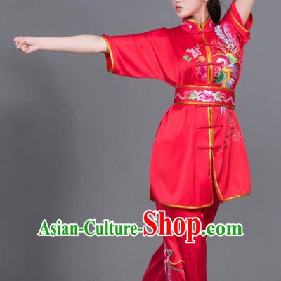 Chinese Martial Arts Competition Embroidered Phoenix Red Uniforms Traditional Kung Fu Tai Chi Training Costume for Men