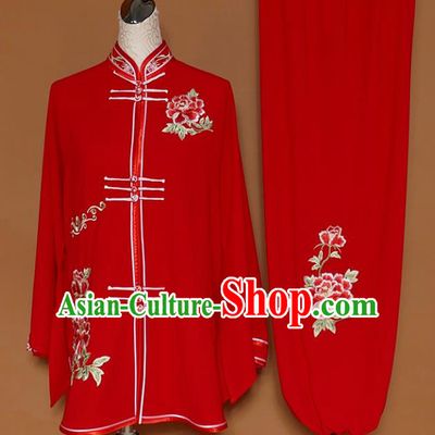 Chinese Traditional Best Martial Arts Embroidered Peony Red Costume Kung Fu Competition Tai Chi Clothing for Women