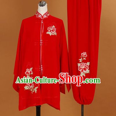 Chinese Traditional Best Martial Arts Embroidered Peony Red Veil Costume Kung Fu Competition Tai Chi Clothing for Women