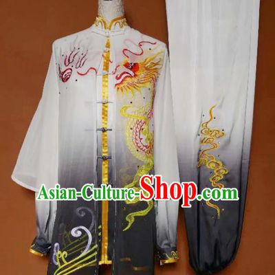 Best Martial Arts Competition Embroidered Dragon Grey Uniforms Chinese Traditional Kung Fu Tai Chi Training Costume for Men