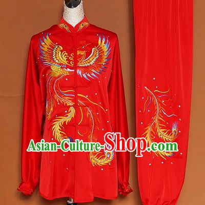 Chinese Traditional Best Martial Arts Embroidered Phoenix Red Costume Kung Fu Competition Tai Chi Clothing for Women