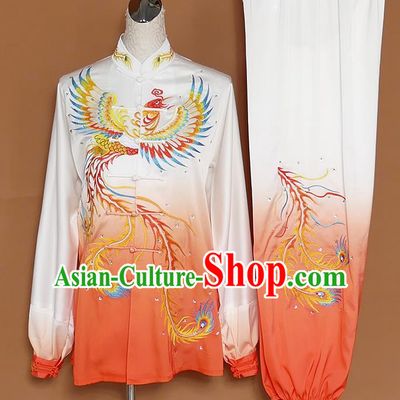 Chinese Traditional Best Martial Arts Embroidered Phoenix Orange Costume Kung Fu Competition Tai Chi Clothing for Women