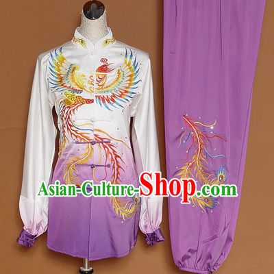 Chinese Traditional Best Martial Arts Embroidered Phoenix Purple Costume Kung Fu Competition Tai Chi Clothing for Women