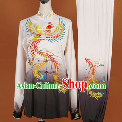 Chinese Traditional Best Martial Arts Embroidered Phoenix Grey Costume Kung Fu Competition Tai Chi Clothing for Women