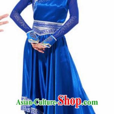 Traditional Chinese Mongol Ethnic Costume Mongolian Nationality Minority Dance Royalblue Dress for Women