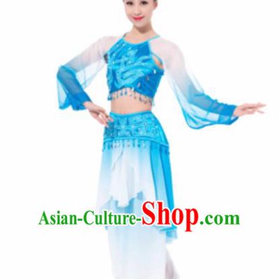 Chinese Spring Festival Gala Folk Dance Blue Dress Traditional Classical Dance Costume for Women