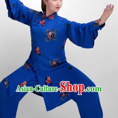 Chinese Traditional Martial Arts Blue Costume Kung Fu Tai Chi Training Clothing for Women
