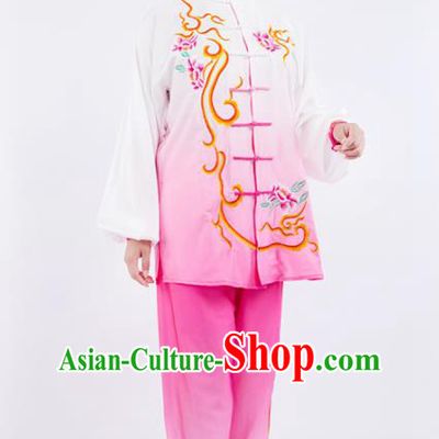 Chinese Traditional Martial Arts Competition Embroidered Peony Pink Costume Kung Fu Tai Chi Training Clothing for Women