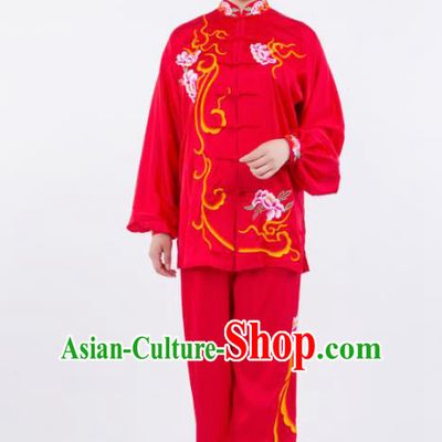 Chinese Traditional Martial Arts Competition Embroidered Peony Red Costume Kung Fu Tai Chi Training Clothing for Women