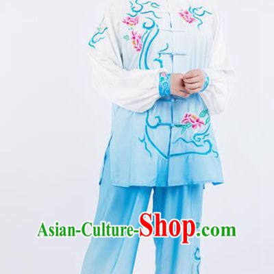 Chinese Traditional Martial Arts Competition Embroidered Peony Blue Costume Kung Fu Tai Chi Training Clothing for Women