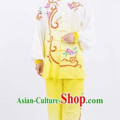 Chinese Traditional Martial Arts Competition Embroidered Peony Yellow Costume Kung Fu Tai Chi Training Clothing for Women